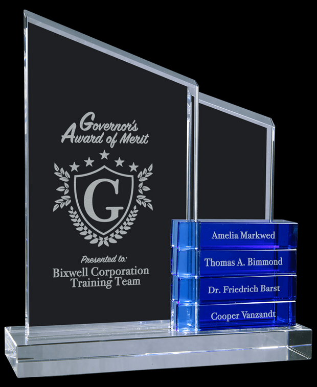 Custom 8" x 9" Stand Up Crystal Award with 4 Blue Name Blocks
