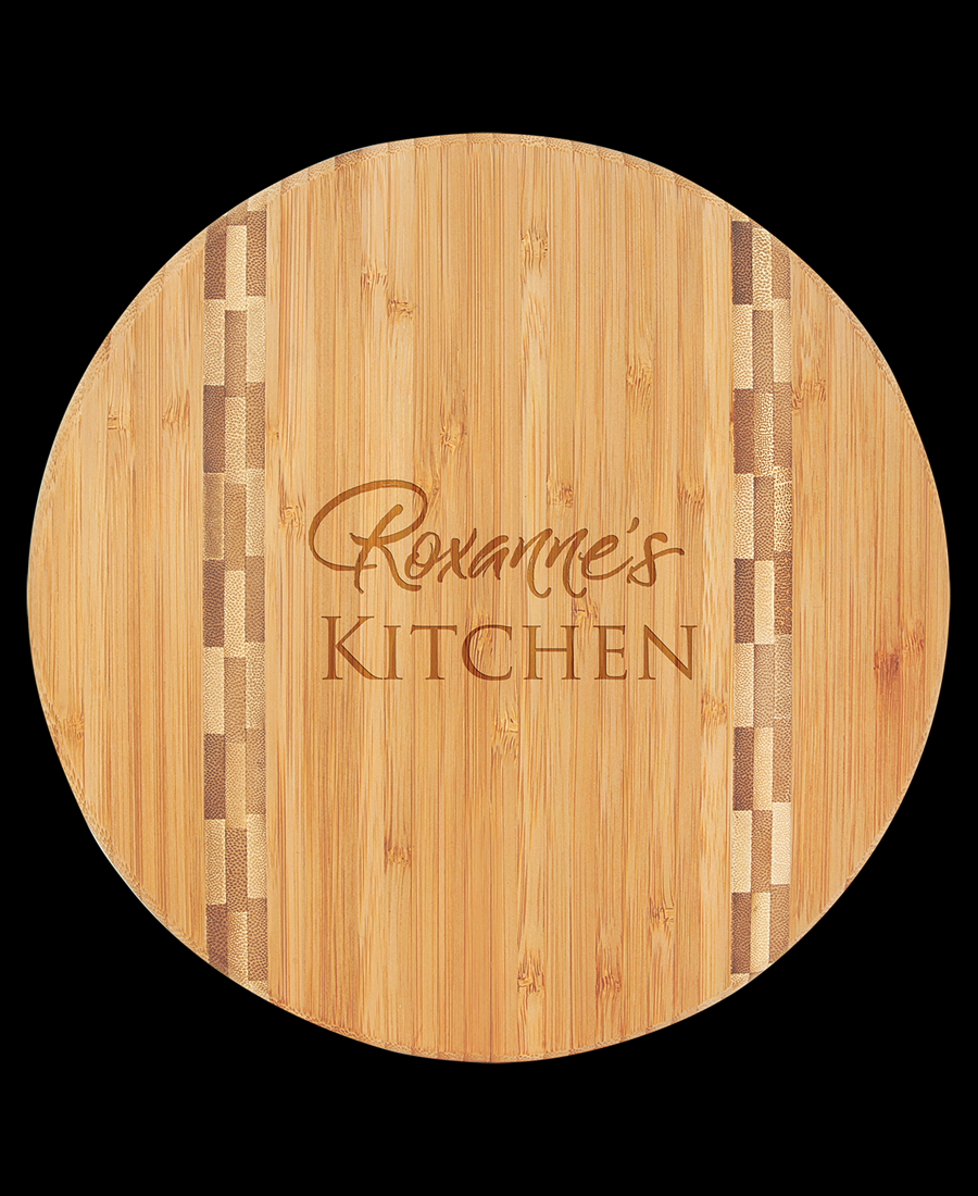 Custom Engraved Round Bamboo Cutting Board with Butcher Block Inlay