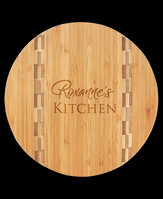 Custom Engraved Round Bamboo Cutting Board with Butcher Block Inlay